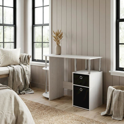White Oak Study Desk With Bin Drawers And Steel Tubes For Home Office