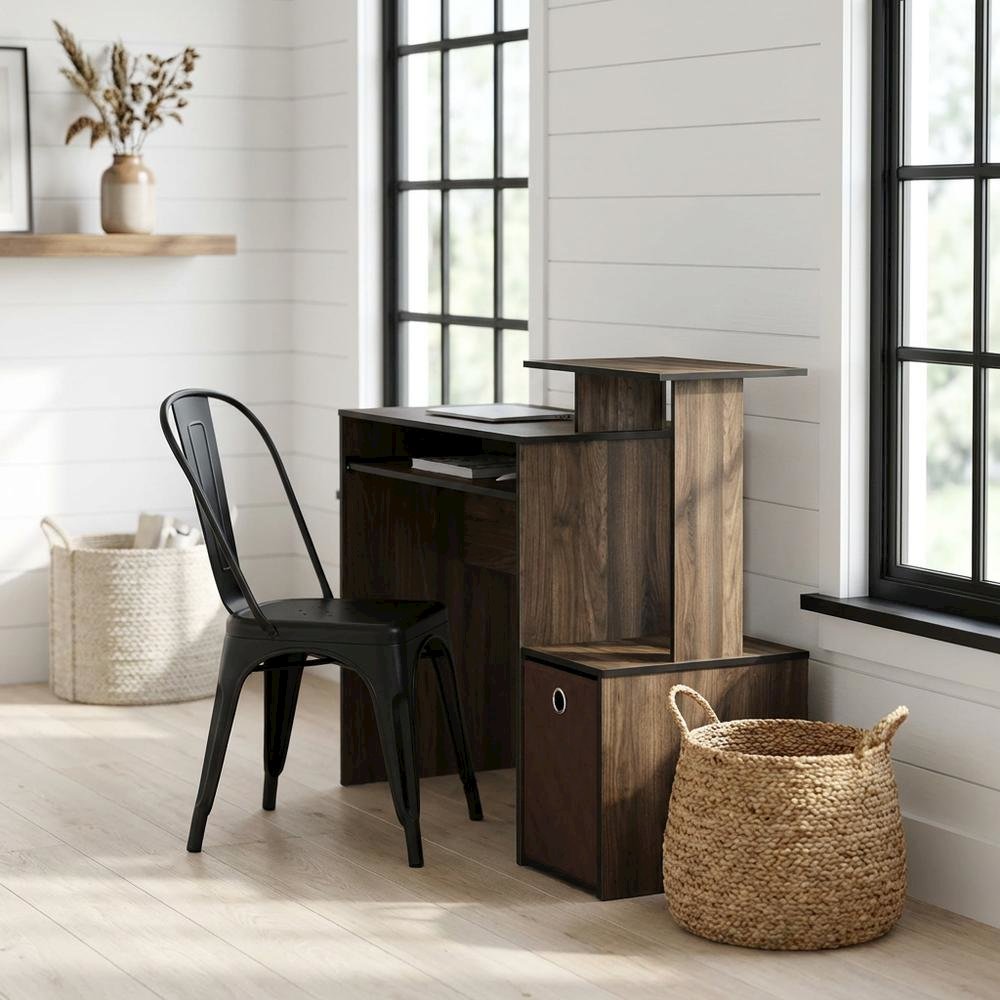 Wooden Home Office Desk with Storage Bin in Columbia Walnut Finish