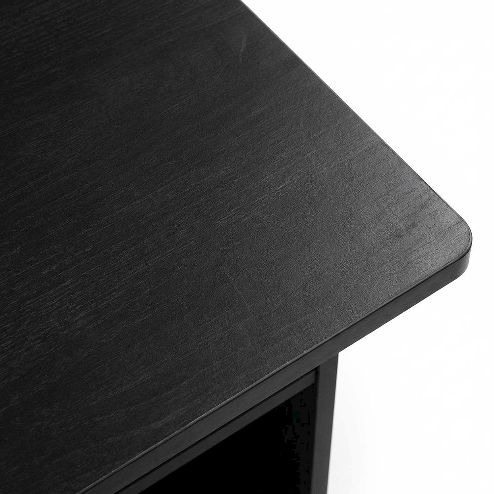 Medium brown wood nightstand with storage shelf and bin drawer