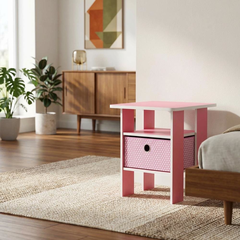 Pink wood end table with drawer for bedside or living room use