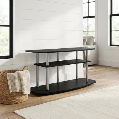 Wood TV stand in black oak finish, 3-tier open shelves, living room storage