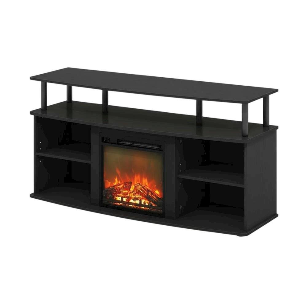 Brown open shelving entertainment center, ample TV storage, up to 55 inches