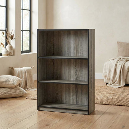 French Oak Grey 3-Tier Adjustable Bookcase with Wooden Shelves