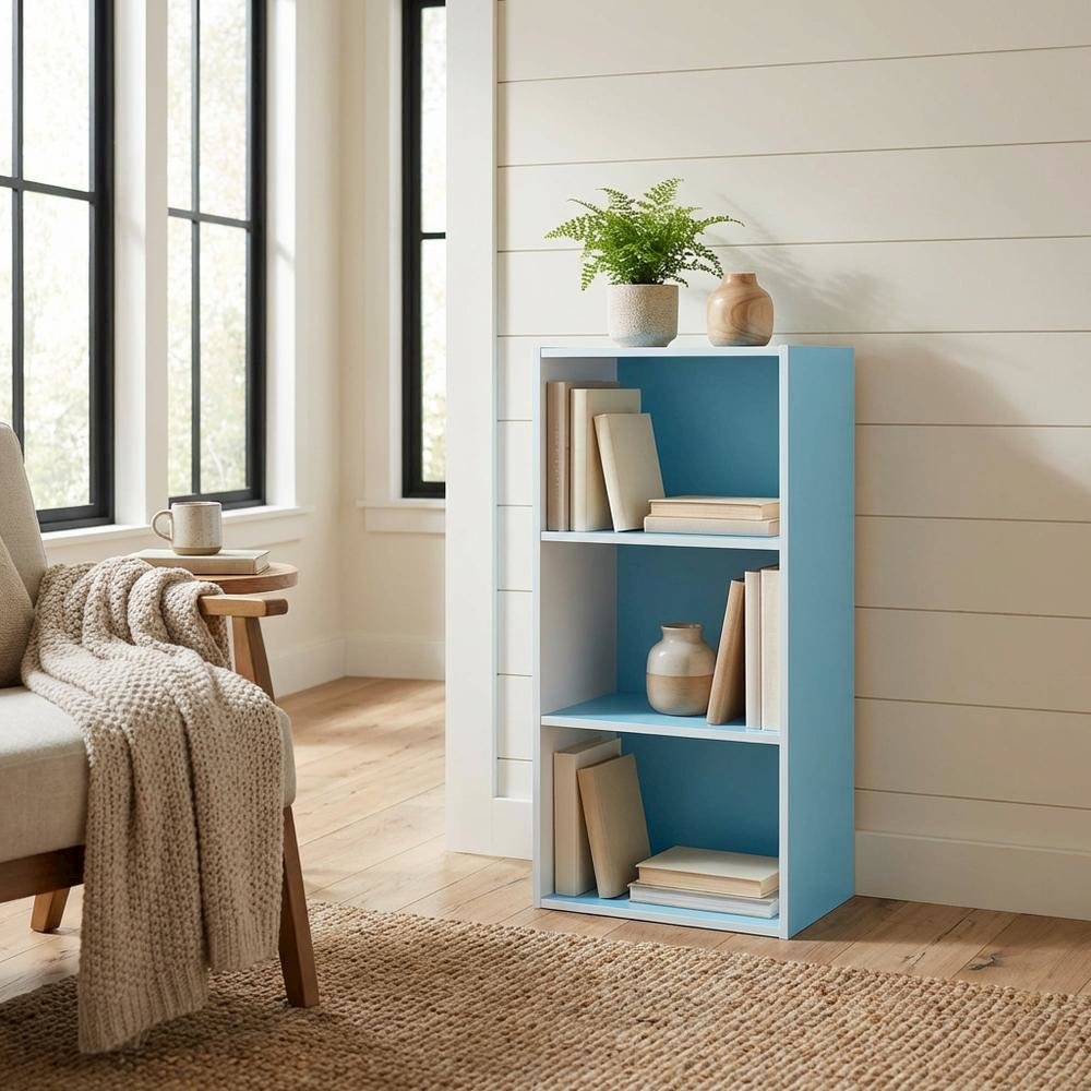 Light Blue 3-Tier Open Shelf Bookcase, Wooden Construction for Organized Storage