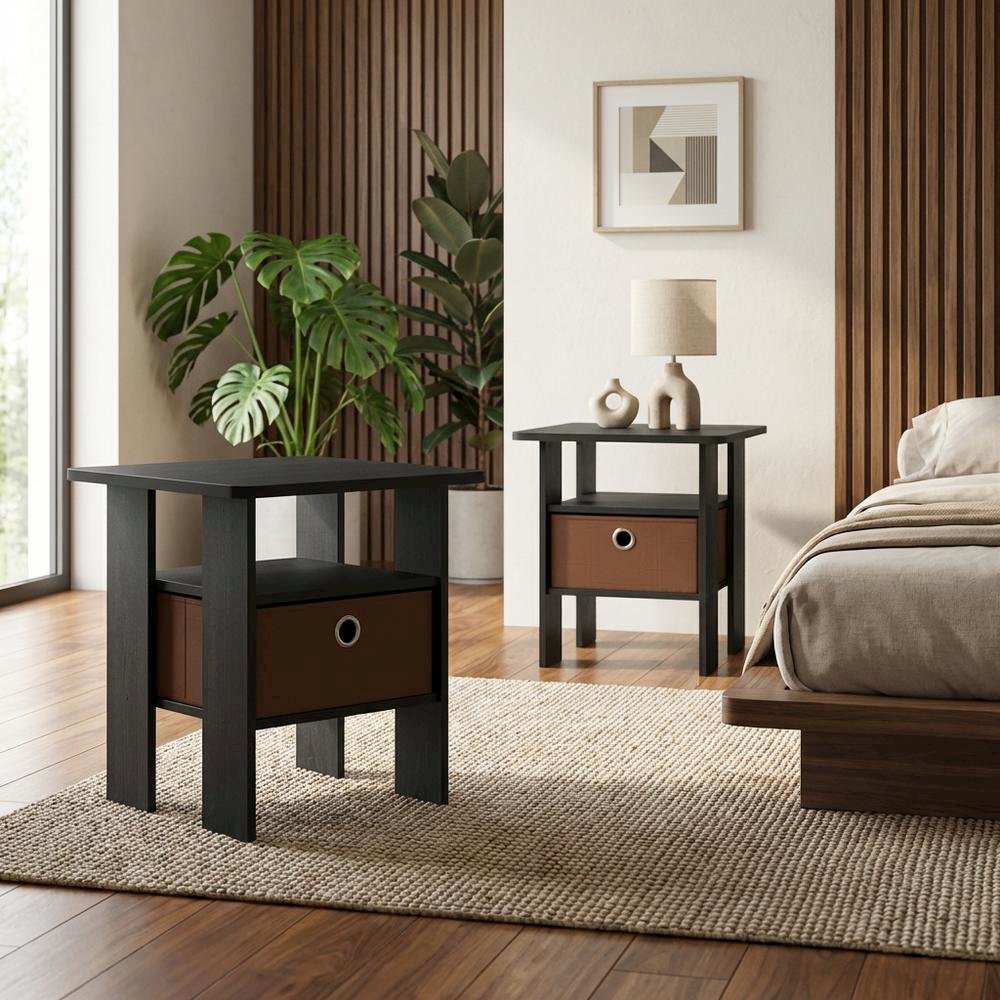 Wooden nightstand set with bin drawer in Americano finish, compact design