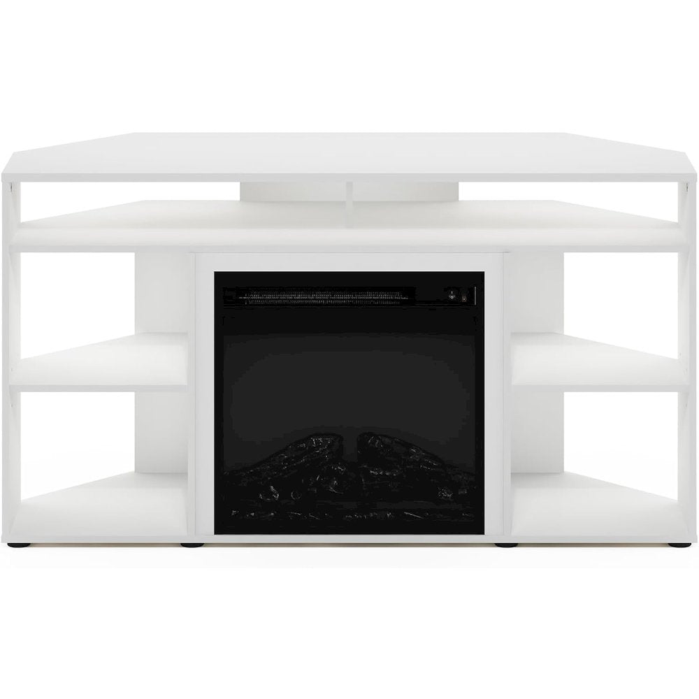 White TV Stand with Fireplace Insert and Six Open Shelves for 55 Inch Displays