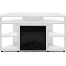 White TV Stand with Fireplace Insert and Six Open Shelves for 55 Inch Displays
