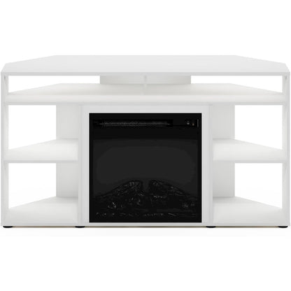 White TV Stand with Fireplace Insert and Six Open Shelves for 55 Inch Displays
