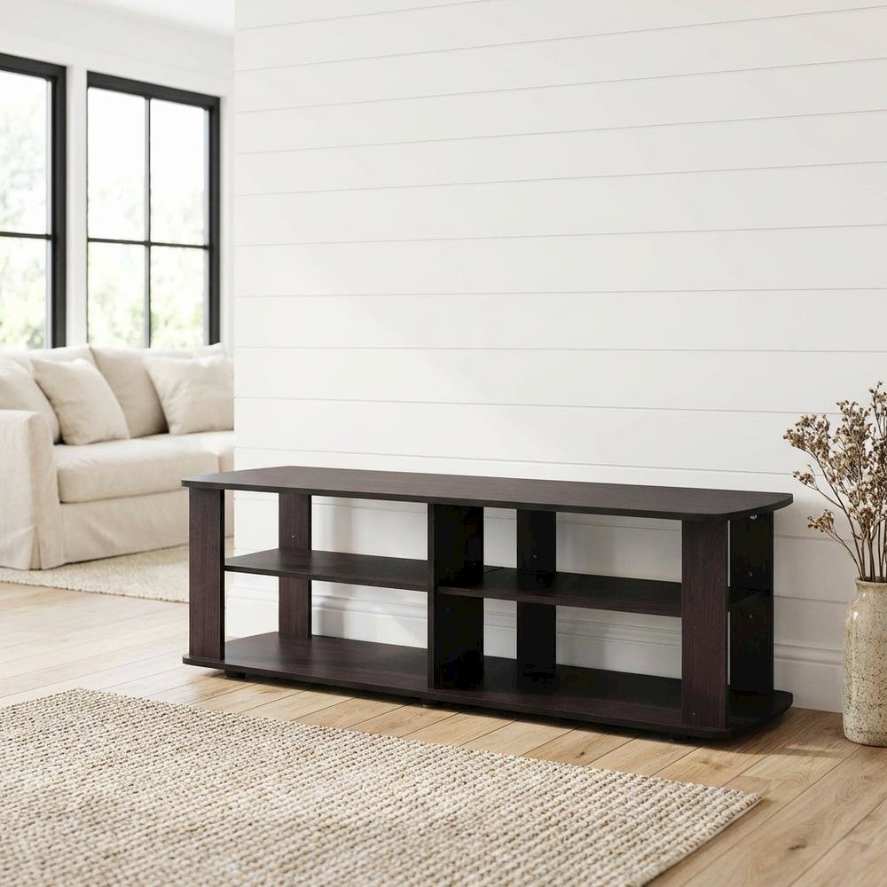 Dark Walnut Wood TV Stand with Spacious Storage and Sleek Design