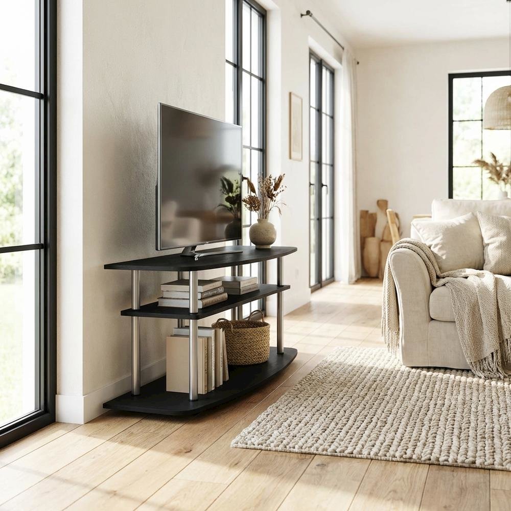 Wood TV stand in black oak finish, 3-tier open shelves, living room storage