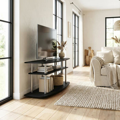Wood TV stand in black oak finish, 3-tier open shelves, living room storage