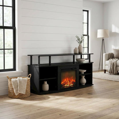 Brown open shelving entertainment center, ample TV storage, up to 55 inches