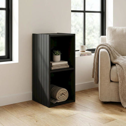 Black wooden bookcase with compact height and modern design, sturdy construction