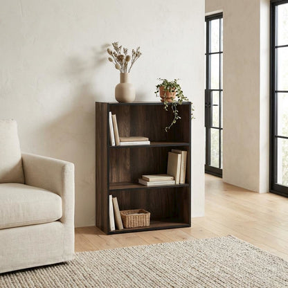 Wooden 3 Tier Open Shelf Bookcase in Columbia Walnut with Ample Storage