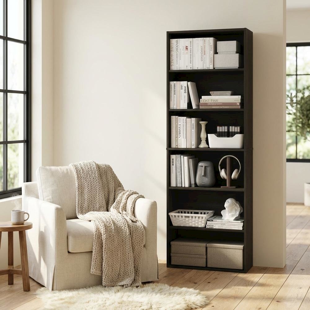 Espresso 6-Tier Open Bookcase with Wood Finish for Organizing and Display