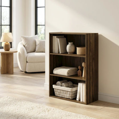 3-Tier Open Shelf Bookcase in Columbia Walnut Wood for Storage