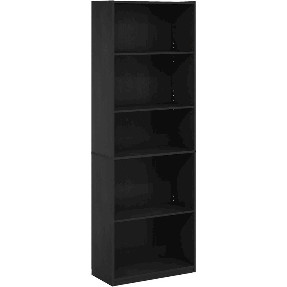 Black Wooden Book Shelf Featuring Five Tiered Wooden Shelves for Display