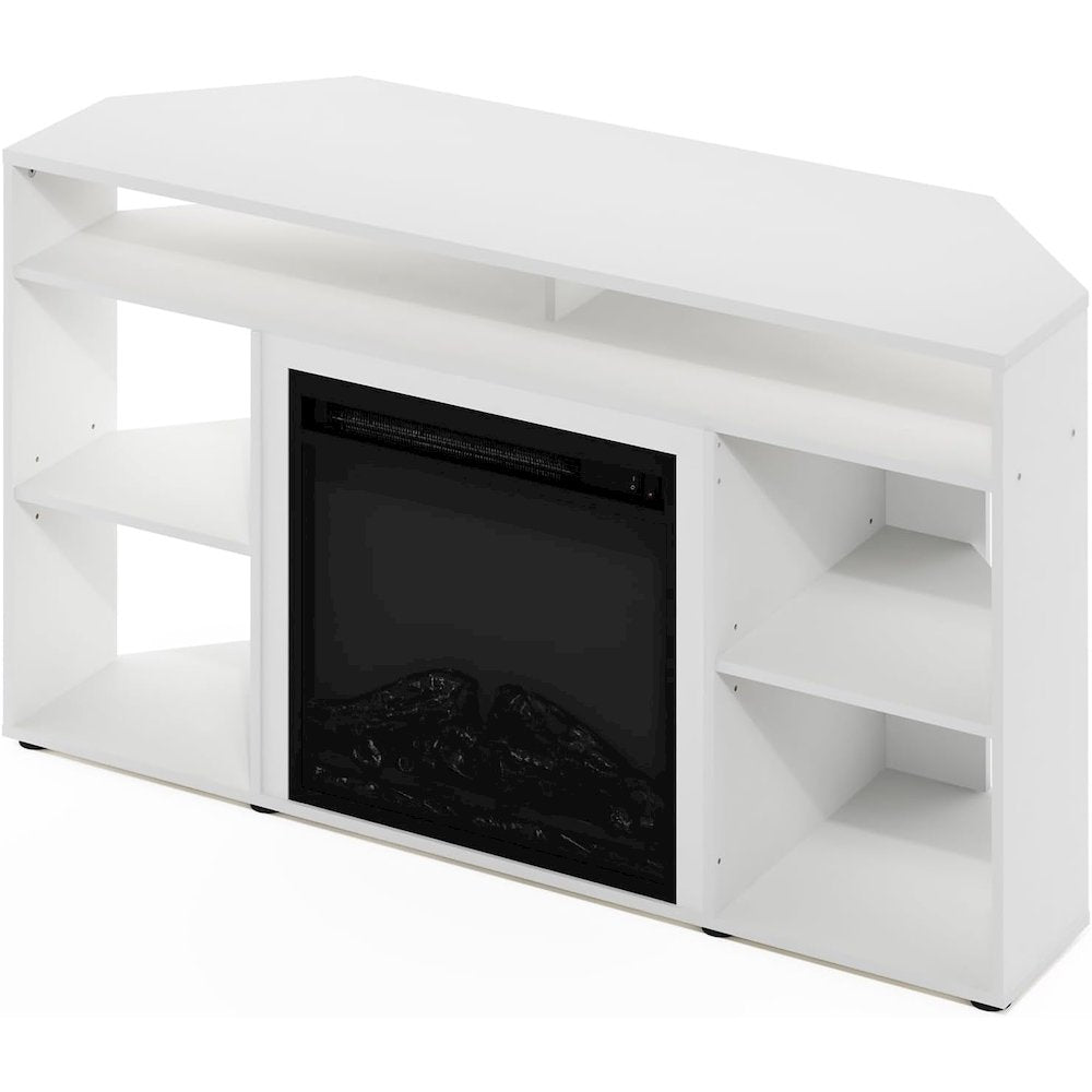 White TV Stand with Fireplace Insert and Six Open Shelves for 55 Inch Displays