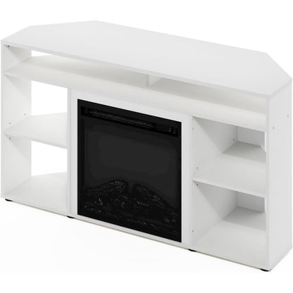 White TV Stand with Fireplace Insert and Six Open Shelves for 55 Inch Displays