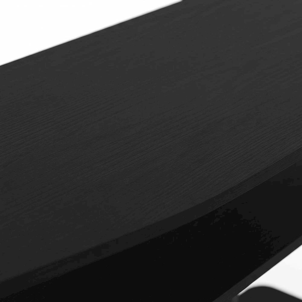 Wood TV stand in black oak finish, 3-tier open shelves, living room storage