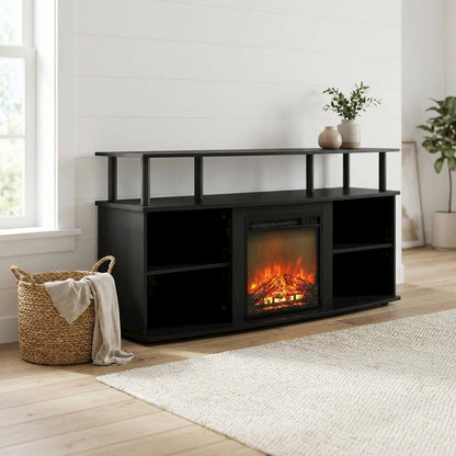 Brown open shelving entertainment center, ample TV storage, up to 55 inches