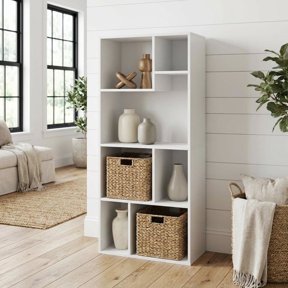 White 7-Cube Irregular Bookcase with Storage Organizer and Modern Design