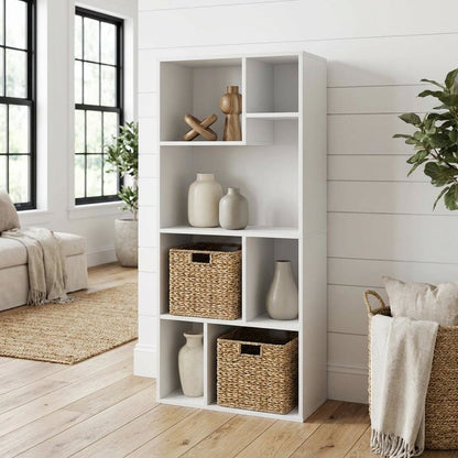 White 7-Cube Irregular Bookcase with Storage Organizer and Modern Design