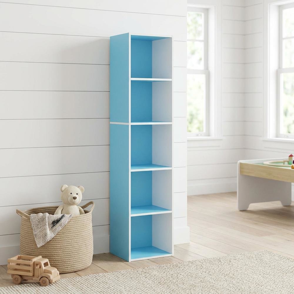 Light Blue Wood 5-Tier Open Bookcase with Spacious Shelves for Storage