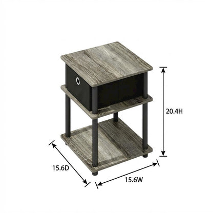 3-Tier End Table with Storage Bin in Grey Oak and Black Finish