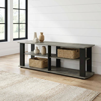 Black and French Oak TV Stand with Composite Wood Construction for Living Room