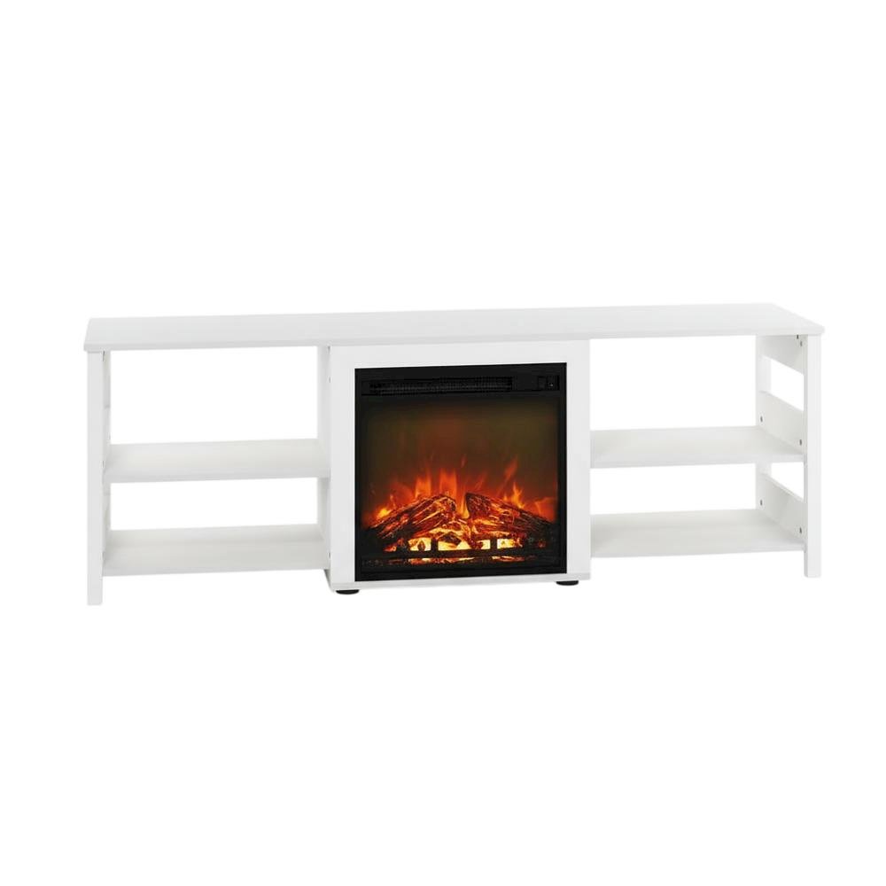 White Emboss TV Stand with Fireplace and Wooden Finish