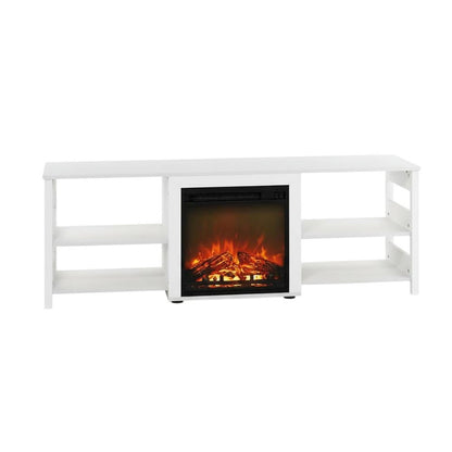 White Emboss TV Stand with Fireplace and Wooden Finish