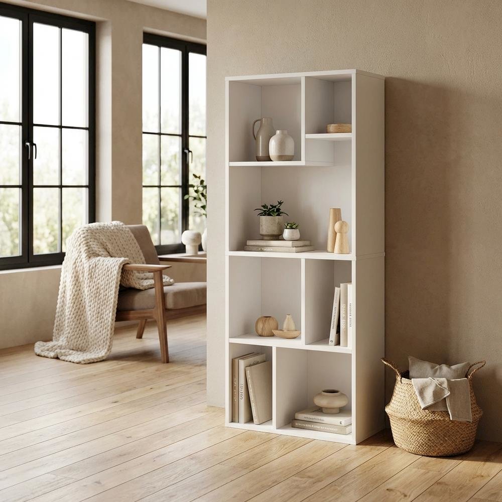 White 7-Cube Irregular Bookcase with Storage Organizer and Modern Design