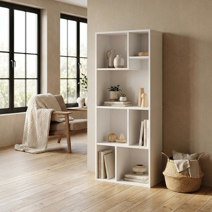 White 7-Cube Irregular Bookcase with Storage Organizer and Modern Design