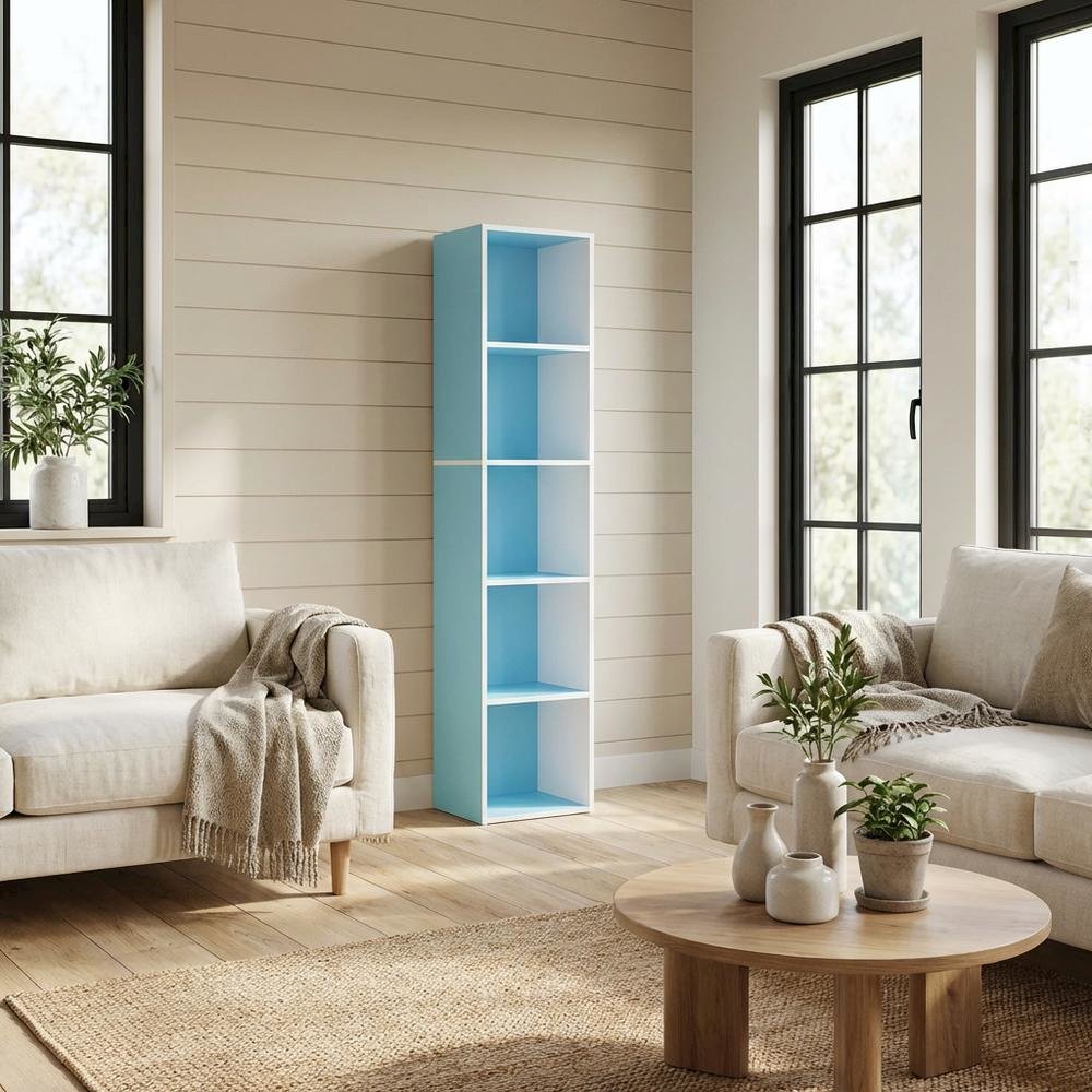 Light Blue Wood 5-Tier Open Bookcase with Spacious Shelves for Storage