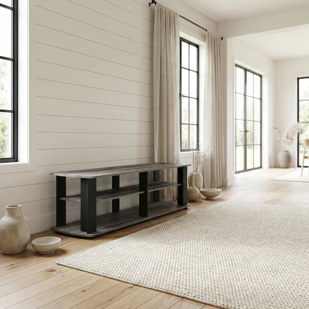Black and French Oak TV Stand with Composite Wood Construction for Living Room