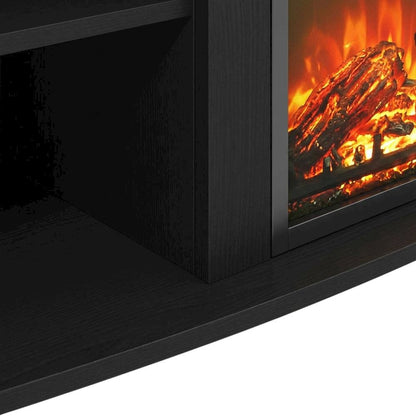 Brown open shelving entertainment center, ample TV storage, up to 55 inches