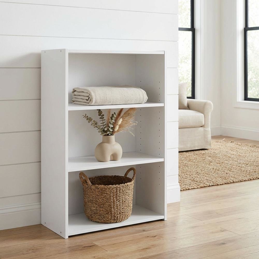 White 3-Shelf Bookcase with Wooden Construction for Living Room and Office