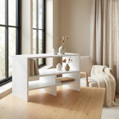 White desk organizing shelf with multi-tier design and sturdy wood construction