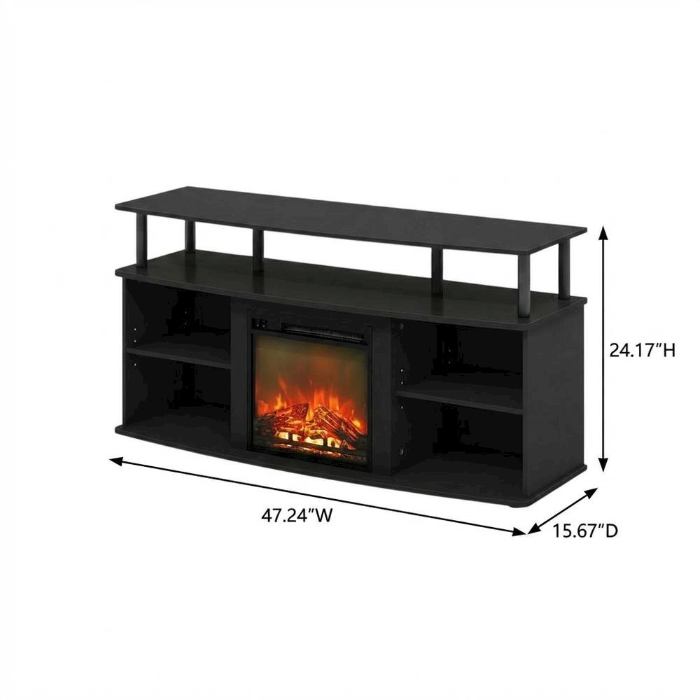 Brown open shelving entertainment center, ample TV storage, up to 55 inches