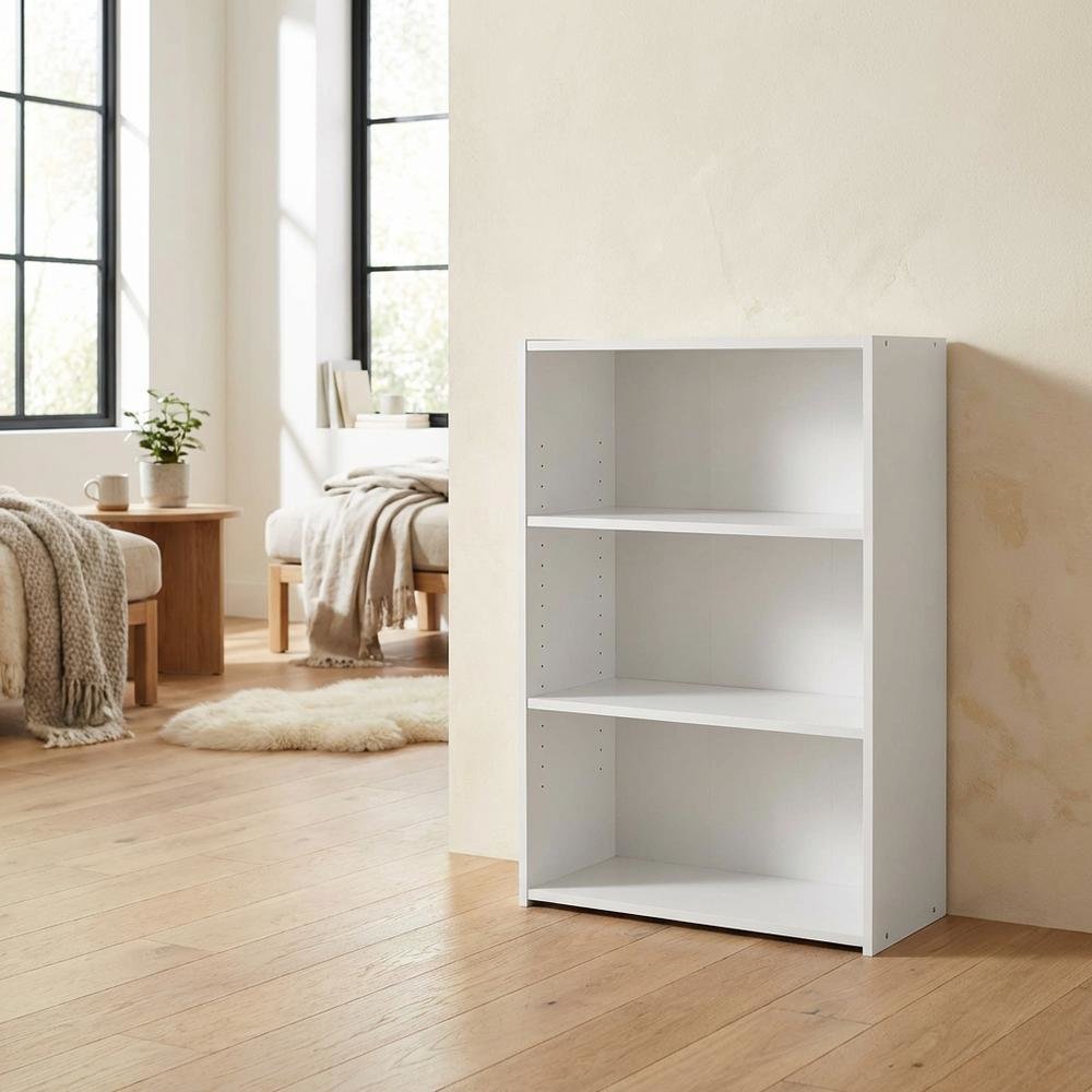 White 3-Shelf Bookcase with Wooden Construction for Living Room and Office