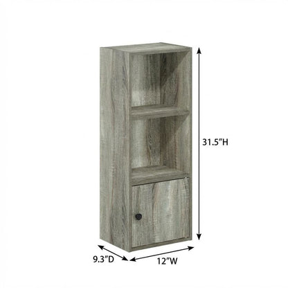 Wooden 3-Tier Shelf Bookcase with Door Storage in French Oak Finish
