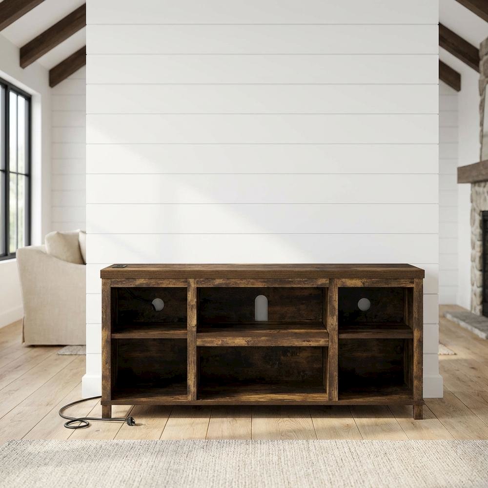 Wooden 3-Tier Entertainment Center for TV up to 55 Inch, USB Ports, Power Outlet