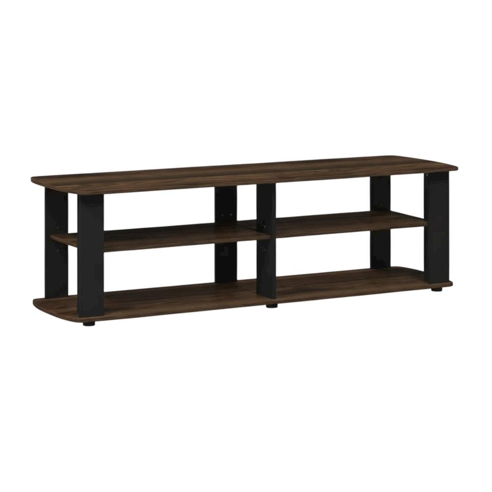 Walnut and black entertainment center with composite wood finish for TV storage