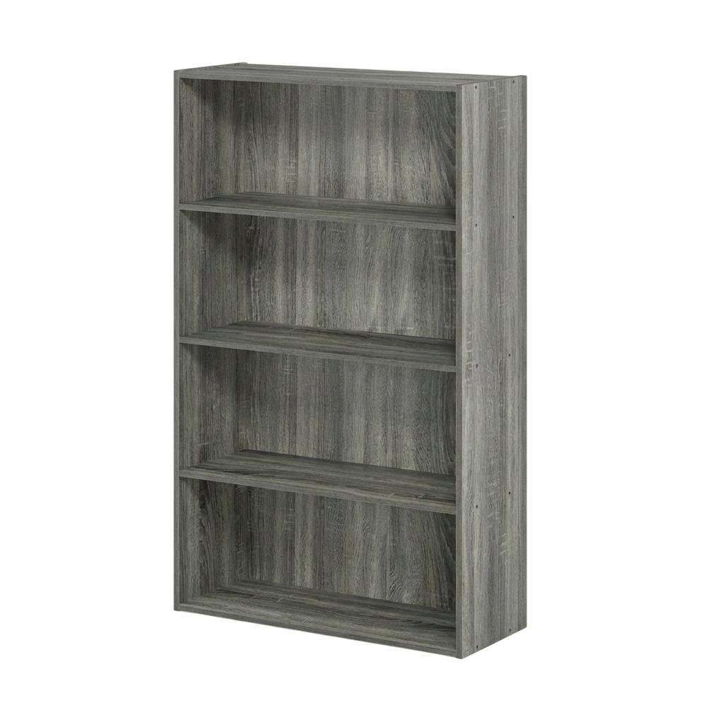 French Oak Grey 4-Tier Open Shelf Bookcase with Wooden Construction