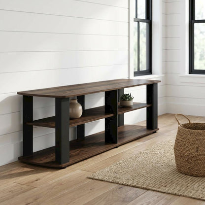 Walnut and black entertainment center with composite wood finish for TV storage