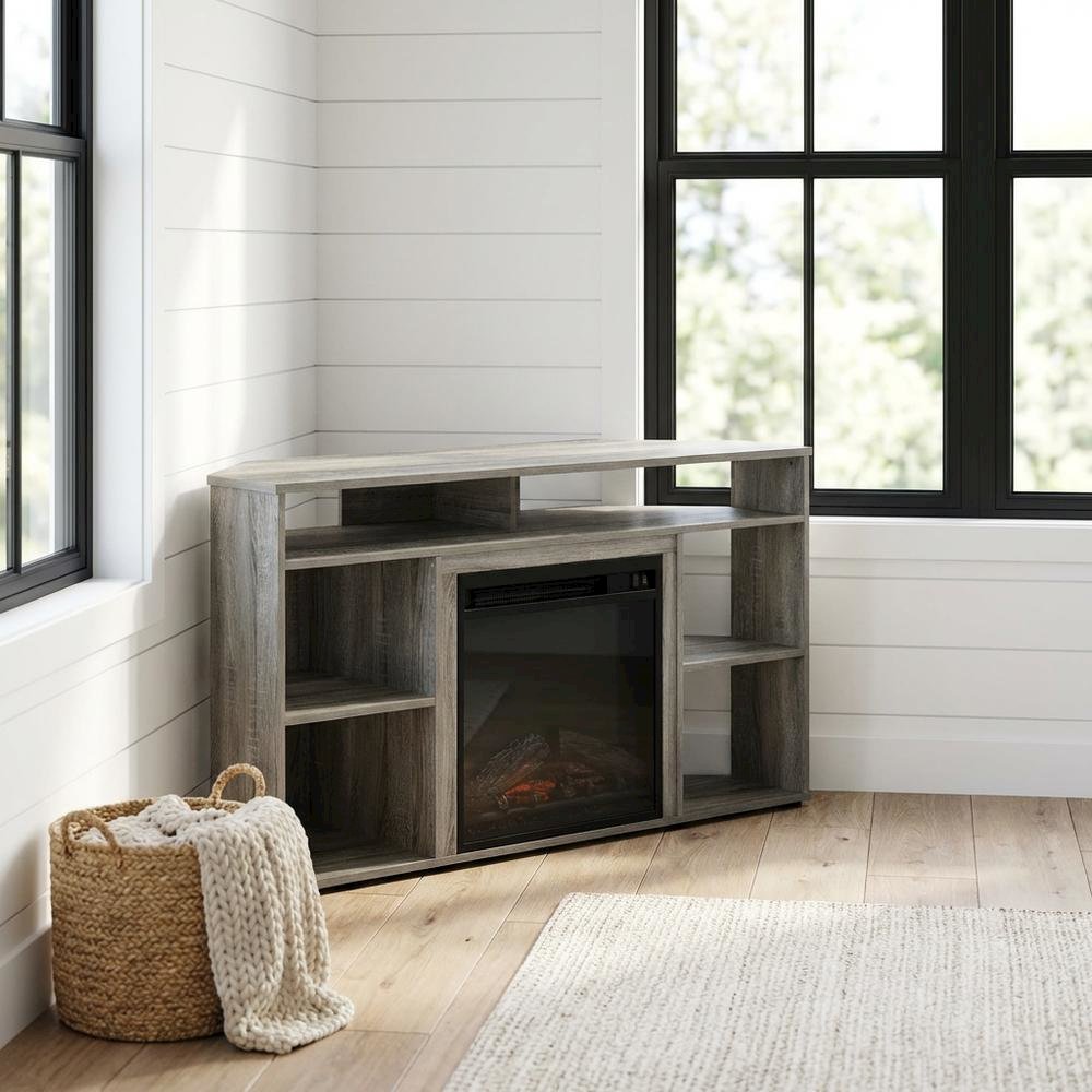 French Oak Grey TV Stand with Fireplace for Up to 55-Inch Screens