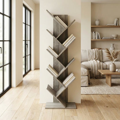 Wooden 9-Tier Bookcase with French Oak Finish for Living Room Storage