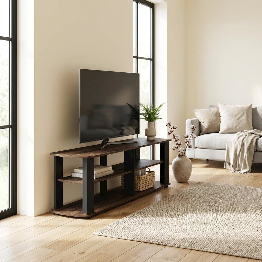 Walnut and black entertainment center with composite wood finish for TV storage