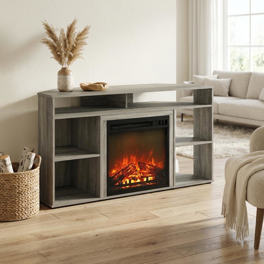 French Oak Grey TV Stand with Fireplace for Up to 55-Inch Screens